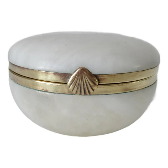C.1970's Vintage Italian Alabaster Marble & Brass Round Lidded Keepsake Box For Sale