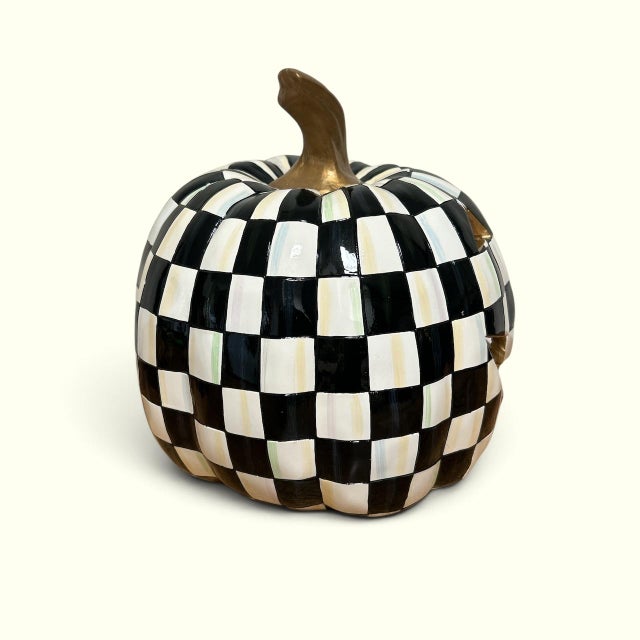 Discontinued light up pumpkin jack o’lantern from MacKenzie Childs in the classic courtly check pattern. New in original...
