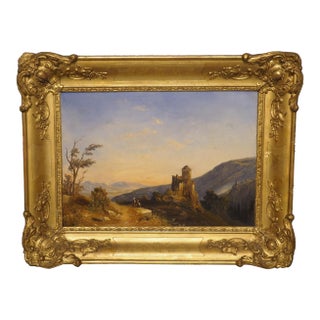 19th Century French Chateau Landscape Oil on Canvas Painting in Giltwood Frame For Sale
