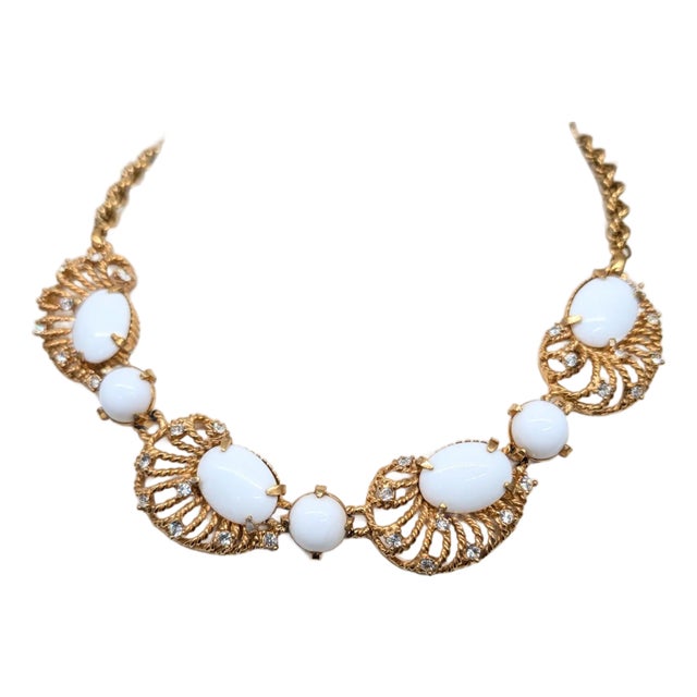 Vintage 1960s Signed Hattie Carnegie Goldtone White Cabochon Rhinestone Necklace For Sale