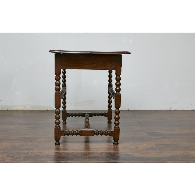 19th Century English Bobbin Leg Oak Side Table with Drawer and H Form Stretcher For Sale - Image 4 of 12