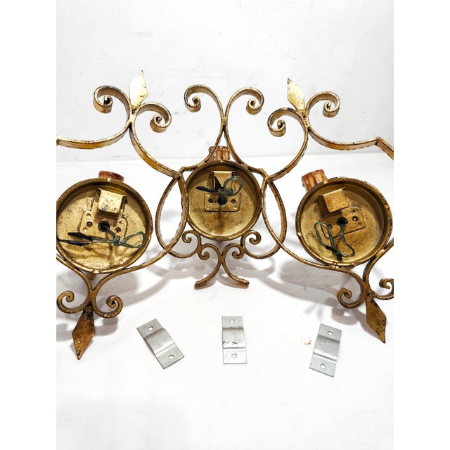 Wrought Iron and Gold Leaf Wall Lights, 1960s, Set of 3, in Very Good conditions. Designed 1960 to 1969 European Plug (up...
