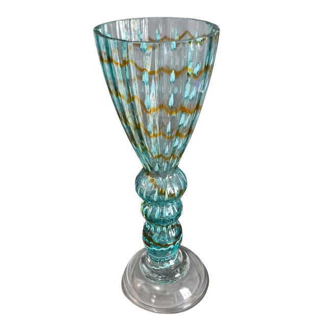 Glass Vintage Mid-Century Modern Italian Art Glass Aqua Blue Pedestal Vase For Sale - Image 7 of 7