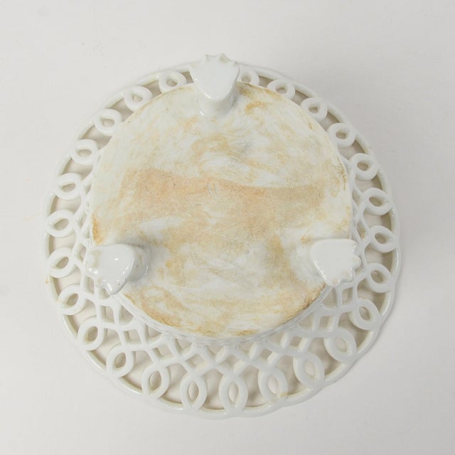 White Antique French Porcelain Basket Fruit Bowl With Lion Paw Feet Lattice For Sale - Image 8 of 11