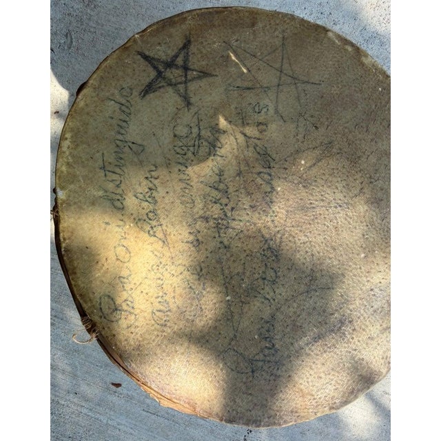 Folk Art Early 20th Century Native America Hand Made Wooden Drum With Leather For Sale - Image 3 of 6