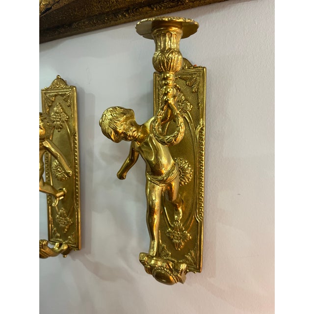 Vintage Pair of Italian Solid Brass Cherub Wall Sconce For Sale - Image 4 of 9