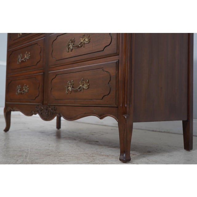 Vintage French Country Walnut Finish Low Dresser For Sale - Image 10 of 17