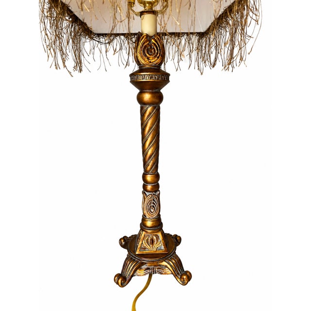 Ornate Gold-Tone Barley-Twist Buffet Lamp With Fringed Shade For Sale - Image 10 of 11