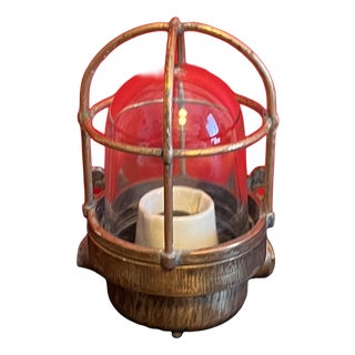 Vintage Industrial Brass Lamp with Cage and Glass Diffuser, 1950s For Sale