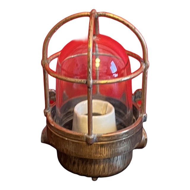 Vintage Industrial Brass Lamp with Cage and Glass Diffuser, 1950s For Sale