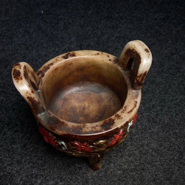 Vintage Chinese Archaic-Style Stone Censer With Twin Handles and Floral Relief Carvings For Sale In Los Angeles - Image 6 of 9