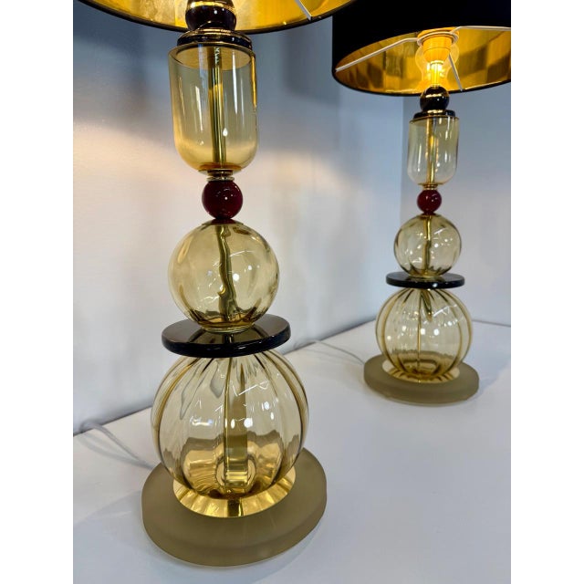 Italian Amber, Burgundy and Black Murano Glass Table Lamps, 2000s, Set of 2 For Sale - Image 6 of 14