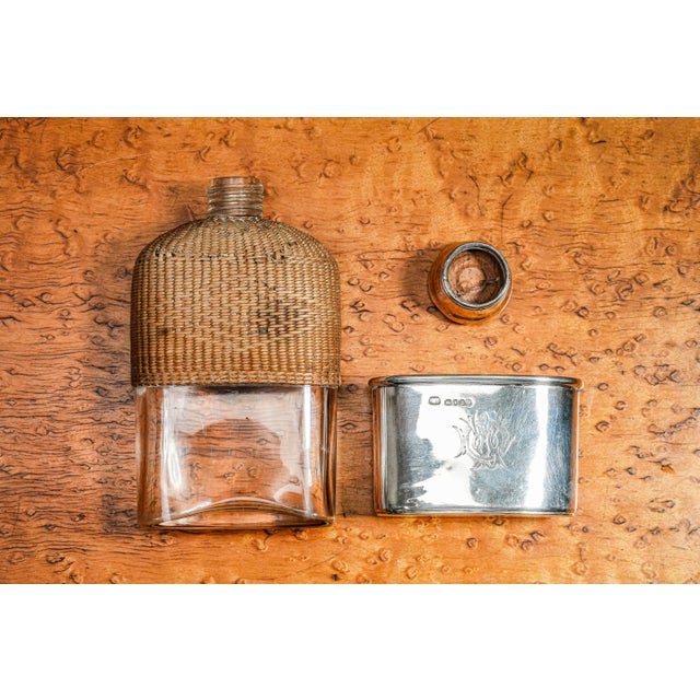 Charming Antique Sterling Silver Woven Rattan Victorian Armorial Coat of Arms Hip Flask For Sale - Image 12 of 12