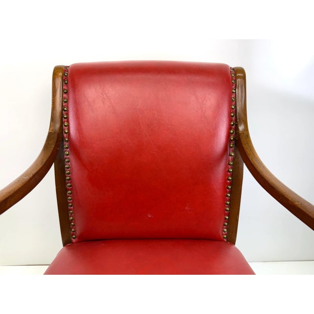 Mid-Century Modern Mid 20th Century Red Leather Armchair With Curved Wood Arms and Brass Nailhead Trim For Sale - Image 3 of 12