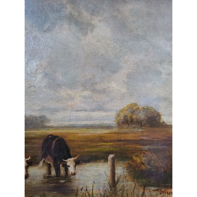 Textile James T. Breen Antique 19th Century Oil Painting Moody Pastoral Landscape With Cows For Sale - Image 7 of 17