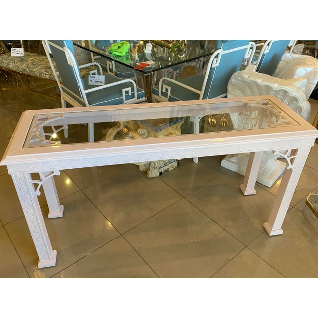 1970s Vintage John Stuart Palm Beach Coral Lacquered Fretwork Glass Top Console Table For Sale - Image 5 of 13