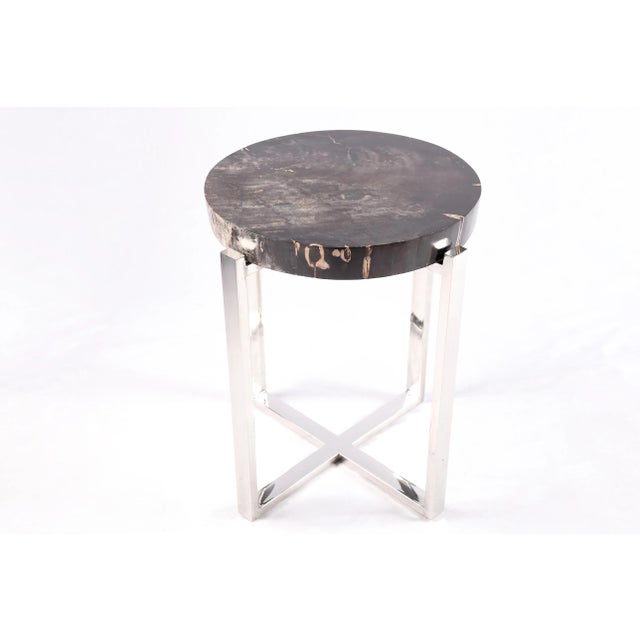 2020s Round Petrified Wood Top W Stainless Steel Stand Accent Table or Side Table 72 For Sale - Image 5 of 5