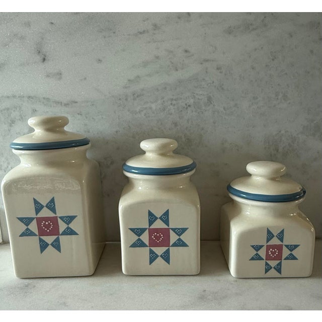 Farmhouse Set of 3 Vintage Ceramic Canisters With Hand Painted Quilted Star Pattern For Sale - Image 3 of 11