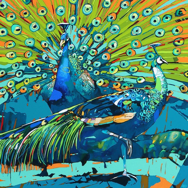 This vibrant artwork showcases two flamingos poised gracefully in a stylized, surreal setting. The flamingos are rendered...