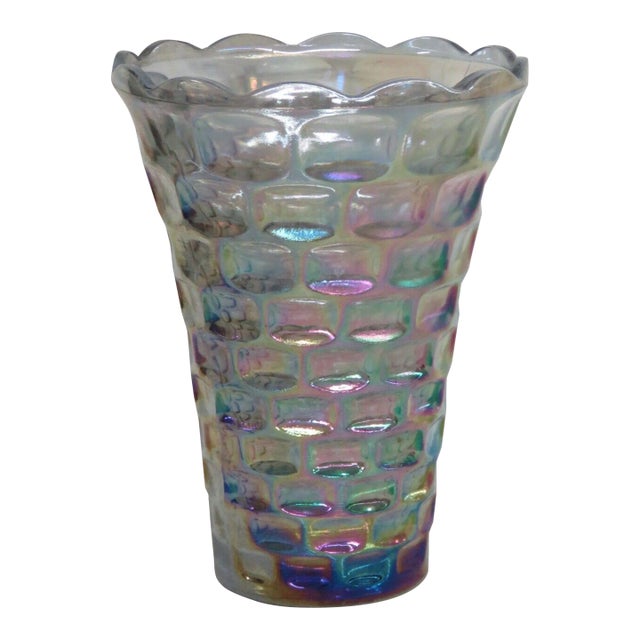 Federal Carnival Glass Yorktown Thumbprint Design Iridescent Vase For Sale
