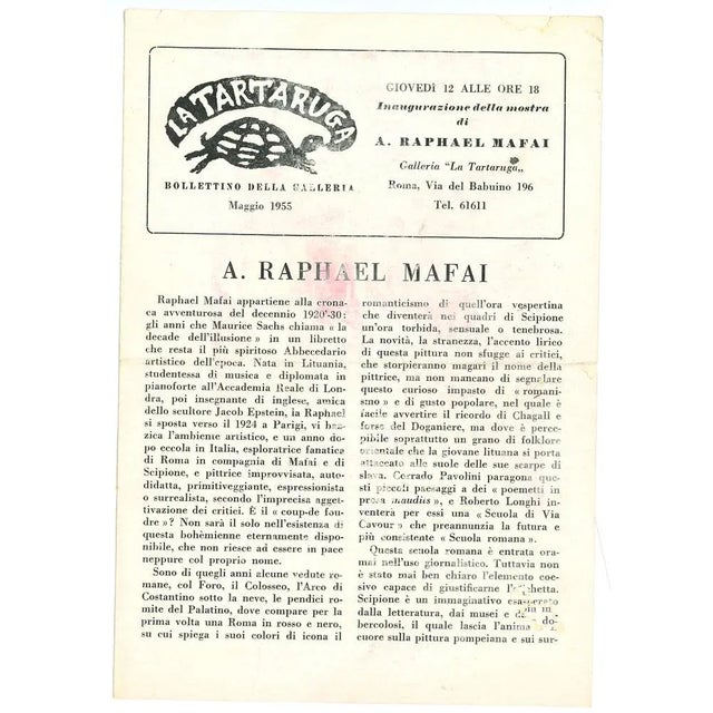 La Tartaruga Gallery Catalogue is an original print in 1955. The artwork is designed for the exhibition of A.Raphael Mafai...