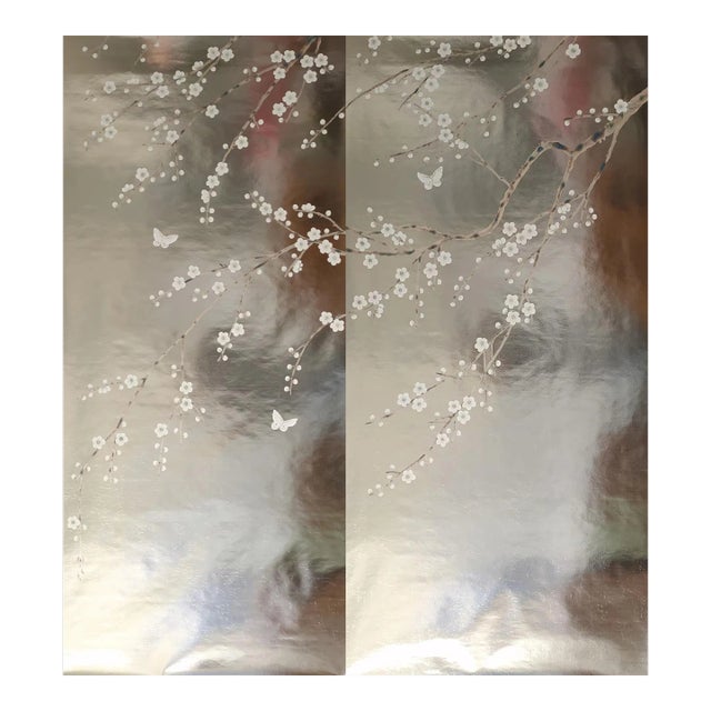 Plum Blossom Wallpaper Hand Painted Wallpaper on Champagne Silver Metallic Panel - 2 Panels For Sale