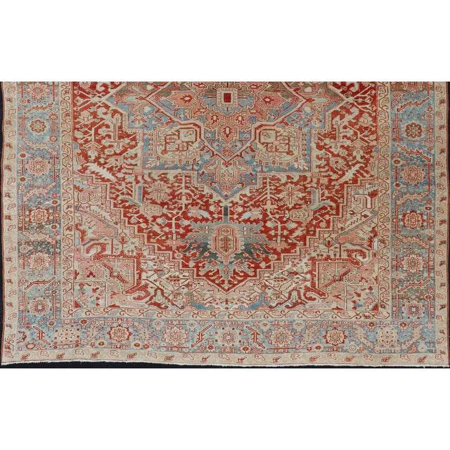 Antique Persian Heriz Rug With Central Medallion in Red and Blue 9'7 X 12'10 For Sale - Image 9 of 16