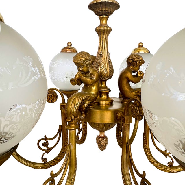 Antique Louis XV French Gilt Bronze Figural Chandelier with 6 Etched Globes, 1890 For Sale - Image 4 of 8