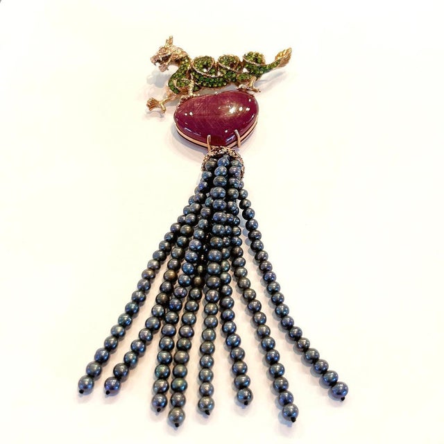Pink Bochic “Orient” Ruby & Black Pearl Brooch Set In 18K Gold & Silver For Sale - Image 8 of 12