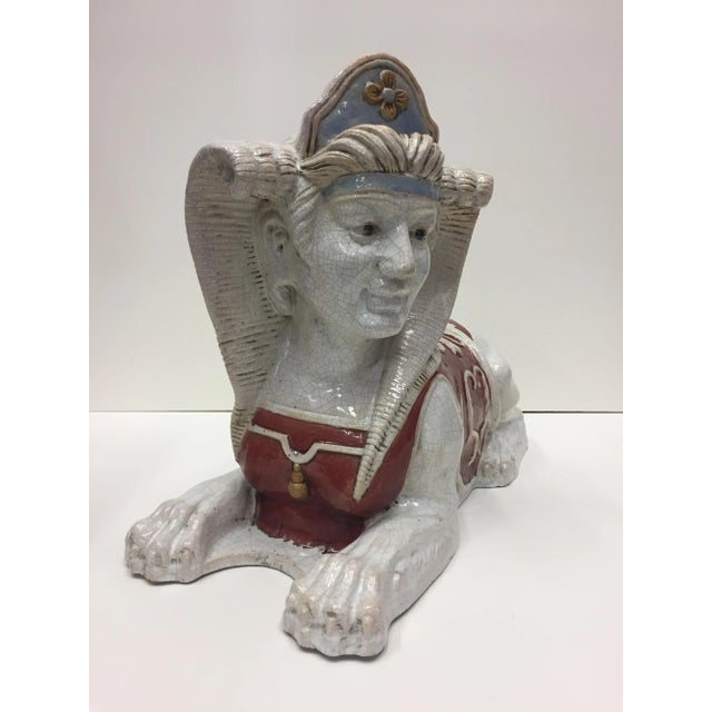 Ceramic Glazed Terra Cotta Sculpture of an Egyptian Sphinx For Sale - Image 7 of 11