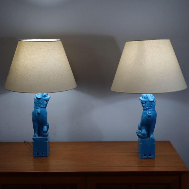 Vintage Chinese Ceramic Foo Dog Lamps, 1970s, Set of 2 For Sale - Image 3 of 6