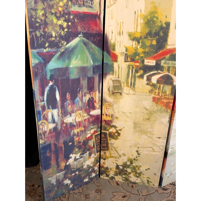 Gold Vintage Double-Sided Parisian Street Scene Canvas 4-Panel Room Divider Screen For Sale - Image 8 of 12