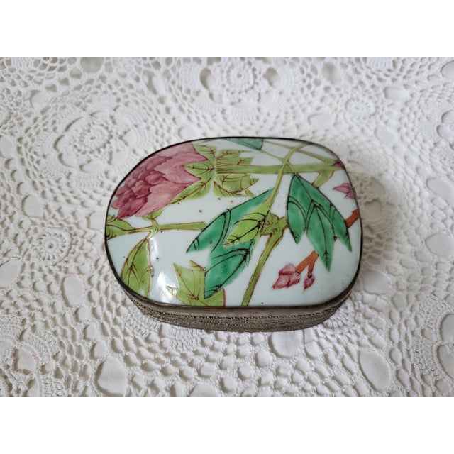 Pink and Green Floral Porcelain Metal Box For Sale - Image 4 of 9