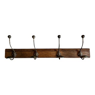 Early 20th Century English or French Oak & Brass Coat Rack With Art Nouveau Hooks, Circa 1910-1920 For Sale