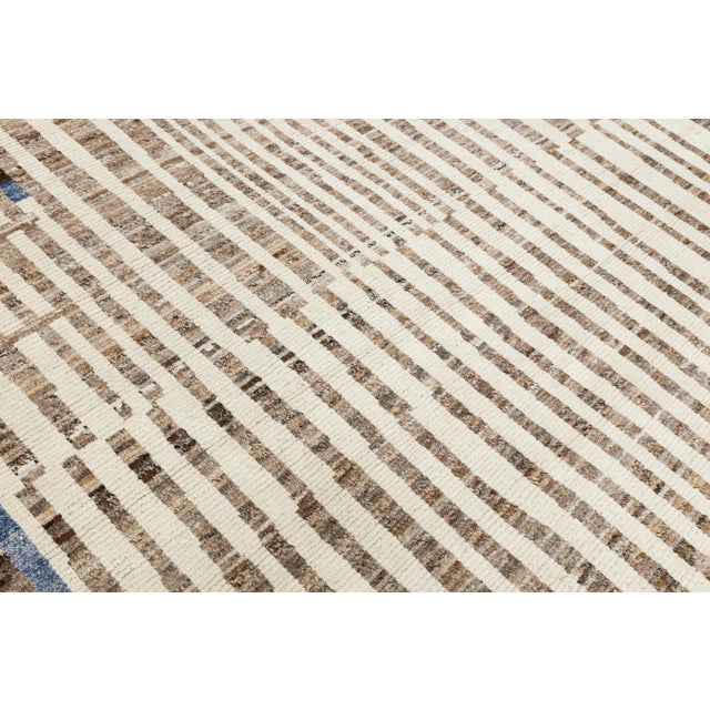 Beige Modern Moroccan Style Handmade Wool Rug With Abstract Stripe Design For Sale - Image 9 of 12