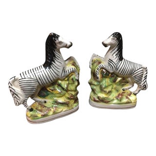 Staffordshire Circa 1880 Pair of Porcelain Flatback African Zebras For Sale