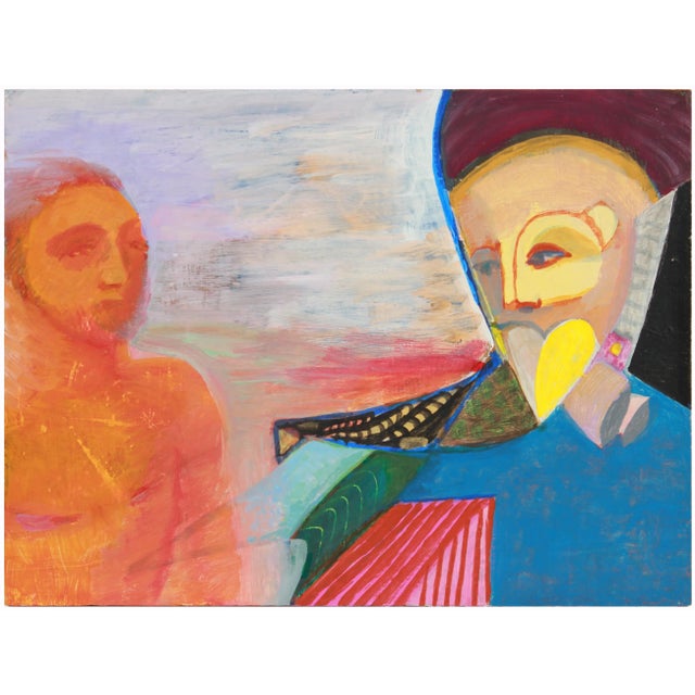 This October 10, 1995 colorful oil on masonite figurative drawing with orange, pink, red, blue, green, yellow, and purple...