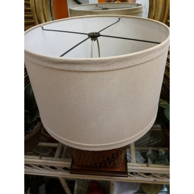 1980s Vintage Wicker Basket and Wood Base Large Table Lamp With Tan Linen Shade For Sale - Image 5 of 9
