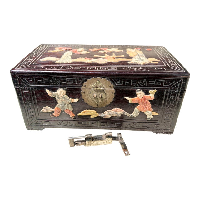Antique Chinese Carved Rosewood Box With Figurines & Working Lock For Sale