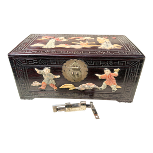 Antique Chinese Carved Rosewood Box With Figurines & Working Lock