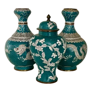 Antique 1897-1921 Chinese 3 Piece Cloisonné Turquoise Teal Set Vases, Urn, Vessel Dragon Motif