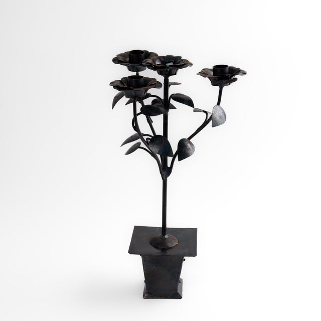 Vintage Hand-Forged Iron Rose Candelabra Set For Sale - Image 4 of 12