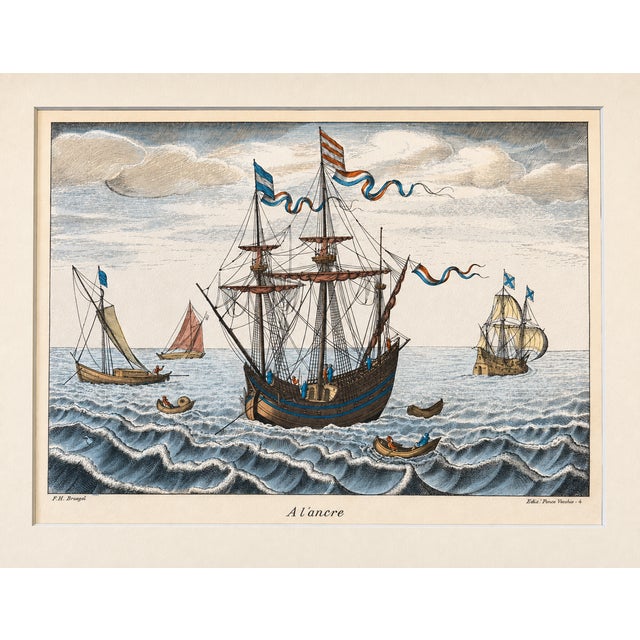 Nautical 1970s Set of 2 Nautical Ship Engravings – La Flotte & a l'Ancre by f.h. Bruegel | Hand-Colored Maritime Prints 16x20 For Sale - Image 3 of 6