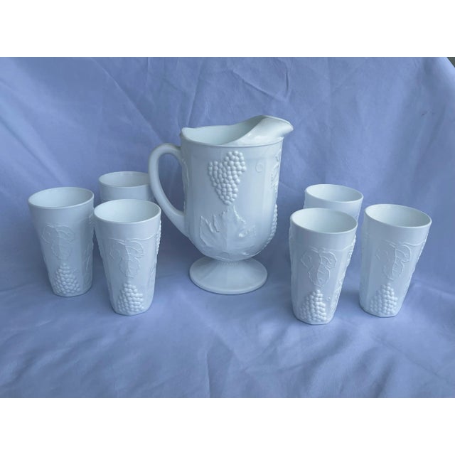 Mid 20th Century Mid-Century Indiana Heavy Milk Glass Paneled Colony Harvest Grape Vine Pitcher & Tumblers Set- 7 Pieces For Sale - Image 5 of 12