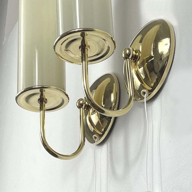 Art Deco Tubular Opaline Glass & Brass Sconces, Germany, 1930s, Set of 2 For Sale - Image 10 of 15