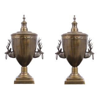 Pair of Vintage Brass Trophy Lidded Deer Urns For Sale