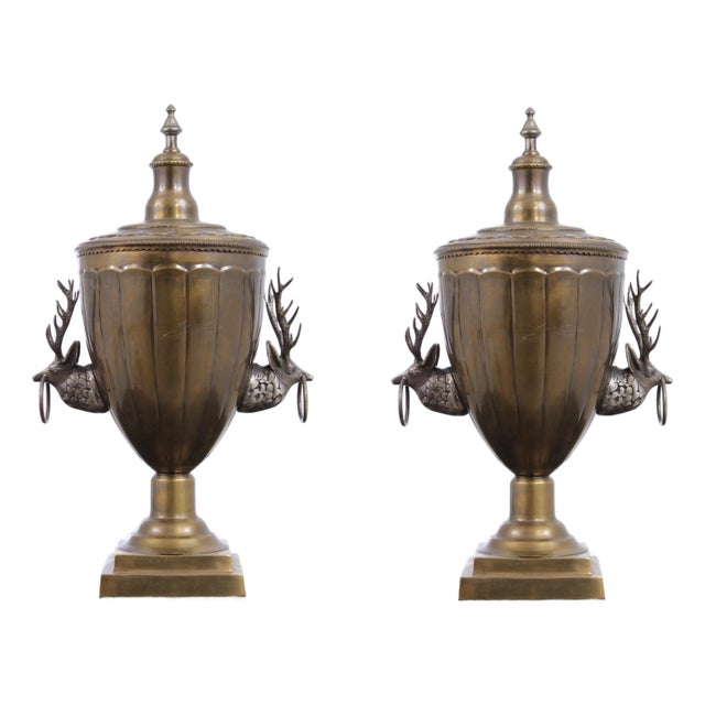 Pair of Vintage Brass Trophy Lidded Deer Urns For Sale