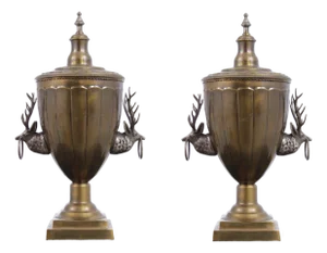 Pair of Vintage Brass Trophy Lidded Deer Urns