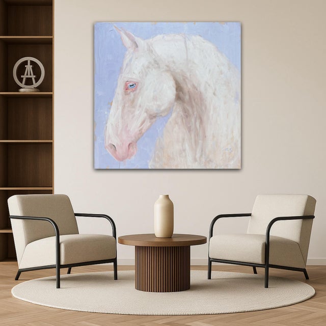 Blue Artist Liubou Sas “Blue Eyes” Modern Original Painting White Horse For Sale - Image 8 of 13