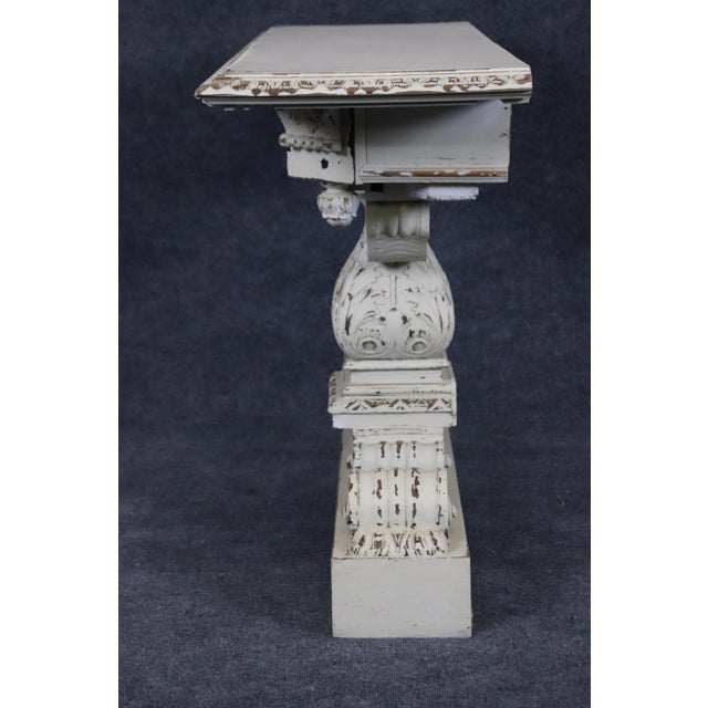 Distressed White Painted Carved Jacobean Style Console Tables - A Pair For Sale - Image 9 of 12